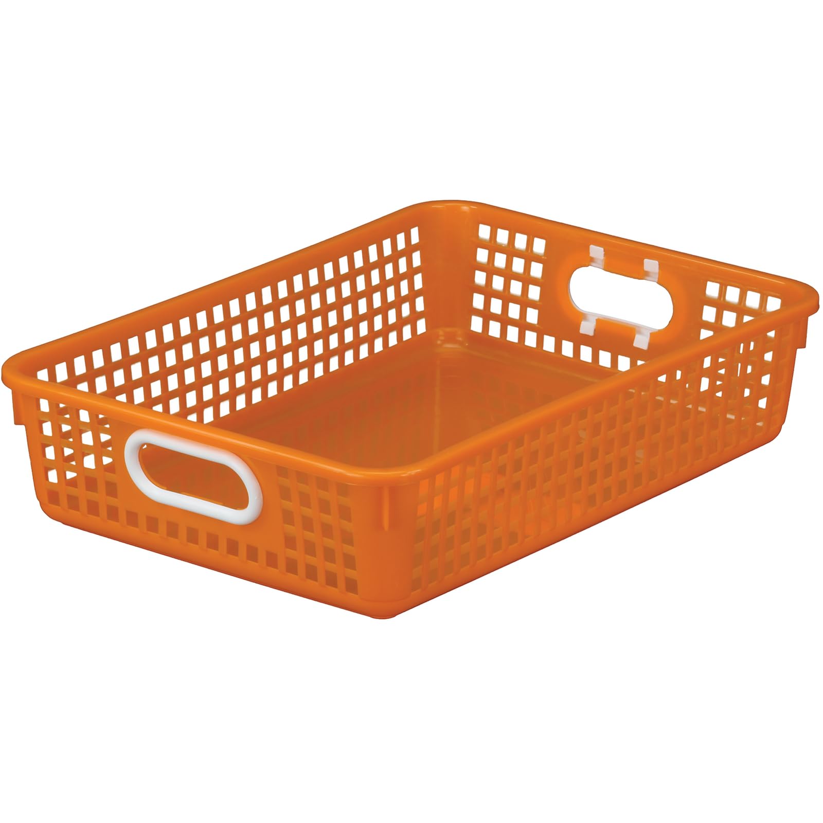 Really Good Stuff baskets on classroom desk organizing student papers and supplies