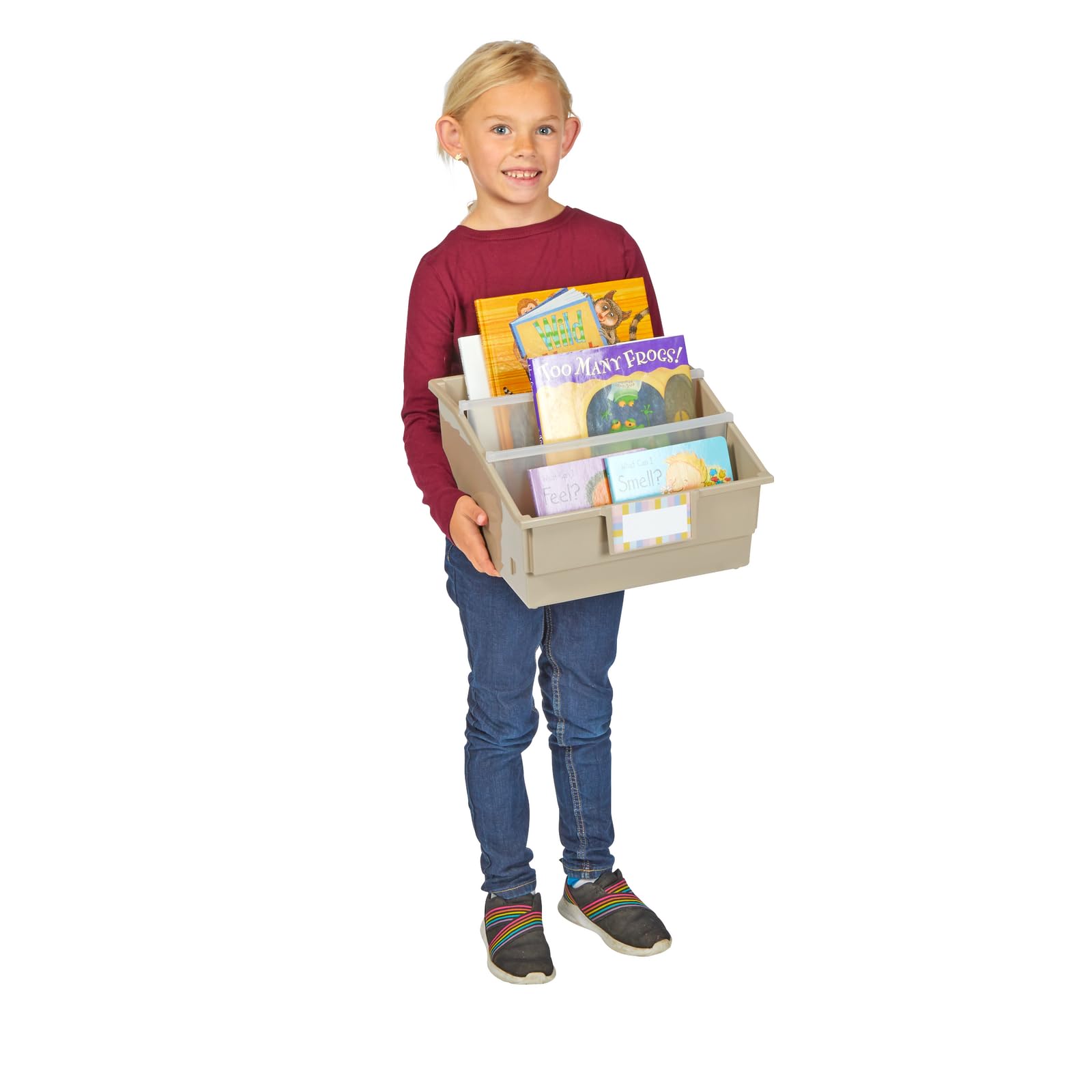 Really Good Stuff bin beside a picture book showing size and capacity