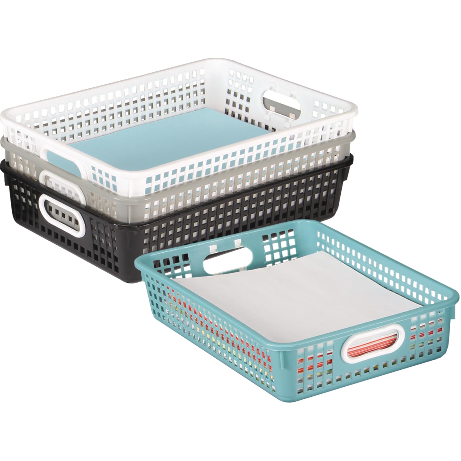 Really Good Stuff stacked baskets on a desk to save surface space
