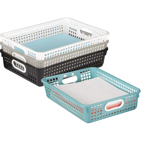 Really Good Stuff stacked baskets on a desk to save surface space