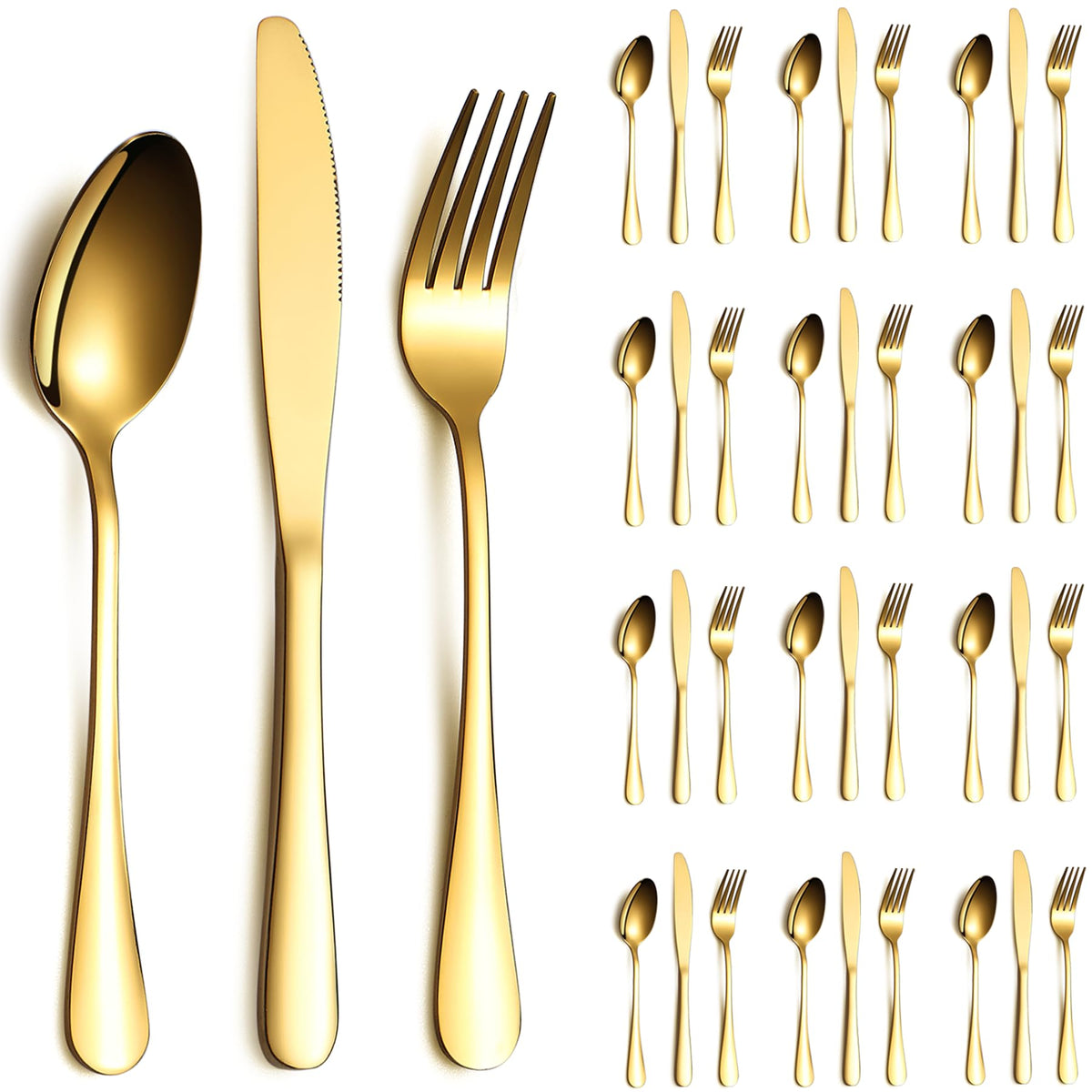 ReaNea gold flatware full set front view shows elegant complete service