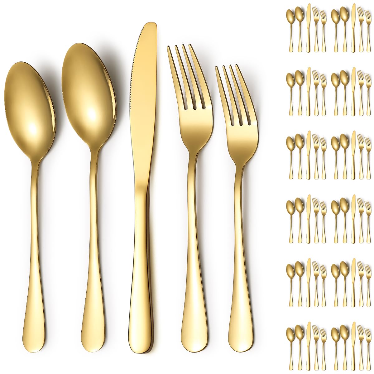 ReaNea front packaging showing 60-piece gold flatware set and complete service benefits