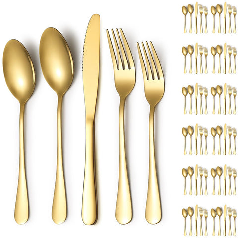 ReaNea front packaging showing 60-piece gold flatware set and complete service benefits