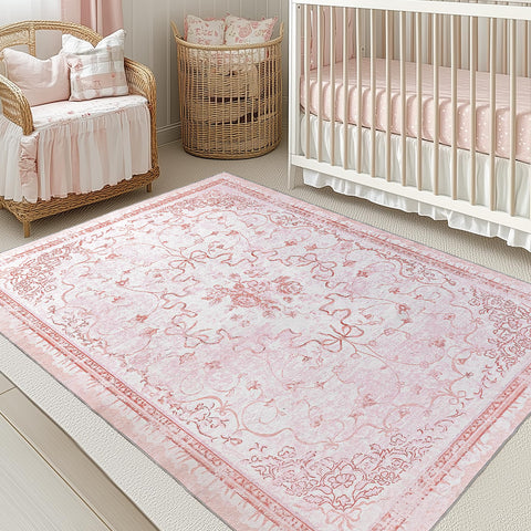 REBBORUG front view of pink bow rug shows charming entrance appeal