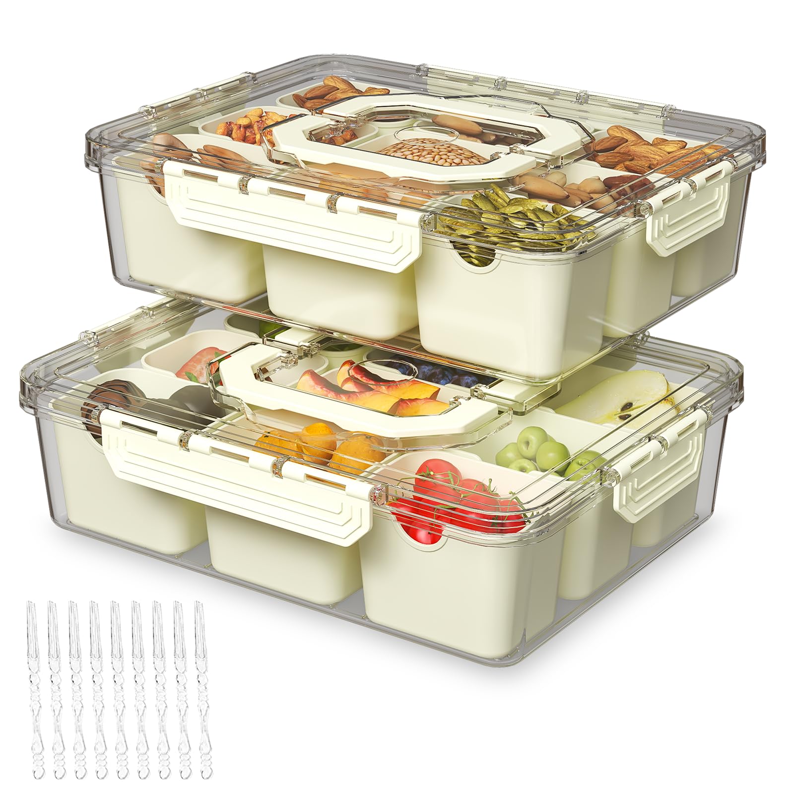 REBECAT front view of two beige divided serving trays showing compact design and portability