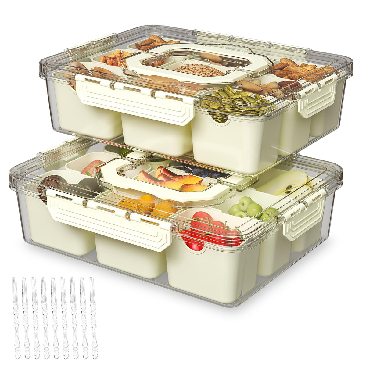 REBECAT front view of two beige divided serving trays showing compact design and portability