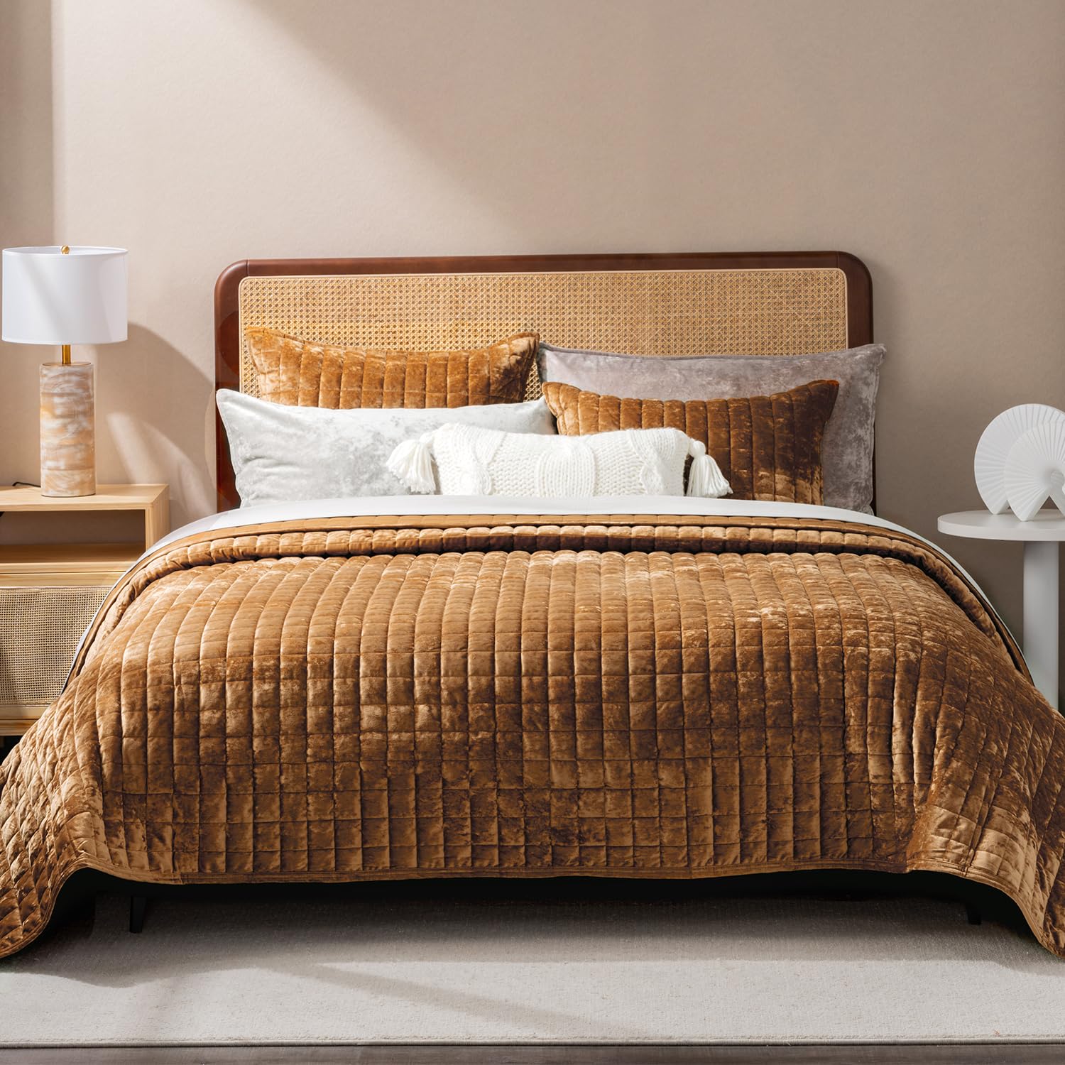 RECYCO front view of king quilt set showing plush caramel gold and neat finish