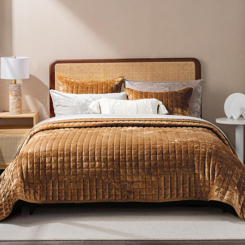 RECYCO front view of king quilt set showing plush caramel gold and neat finish