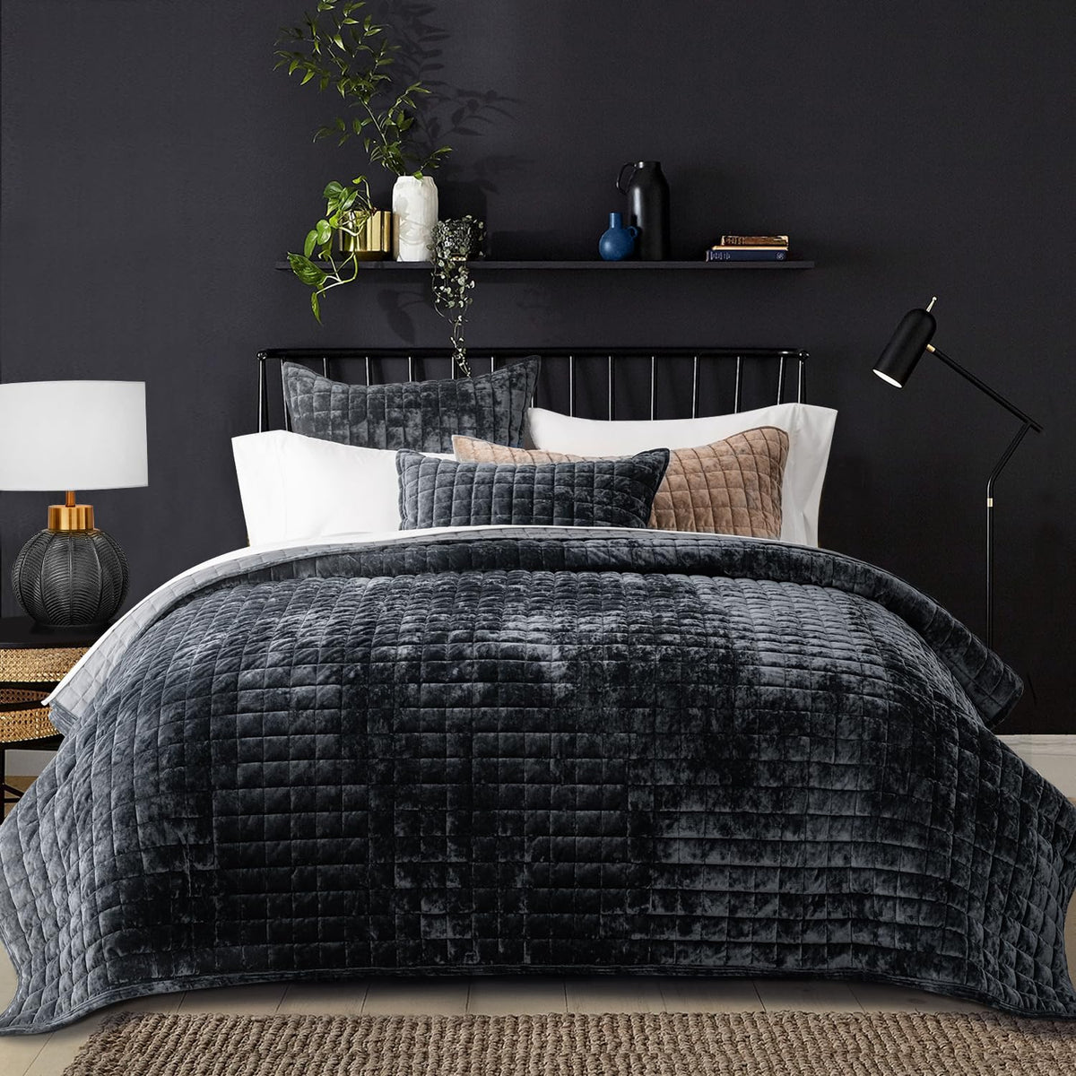 RECYCO front view of king black quilt showcasing plush velvet and neat finish