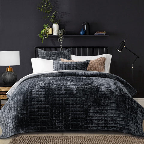 RECYCO front view of king black quilt showcasing plush velvet and neat finish