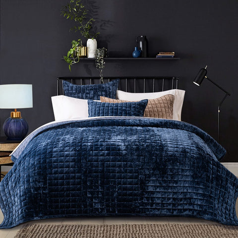 RECYCO front view of king quilt packaging showing navy elegance and quick styling benefit
