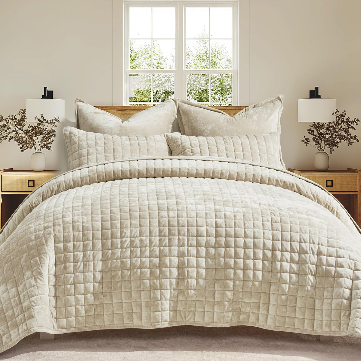 RECYCO king beige front view showing plush velvet and elegant finish