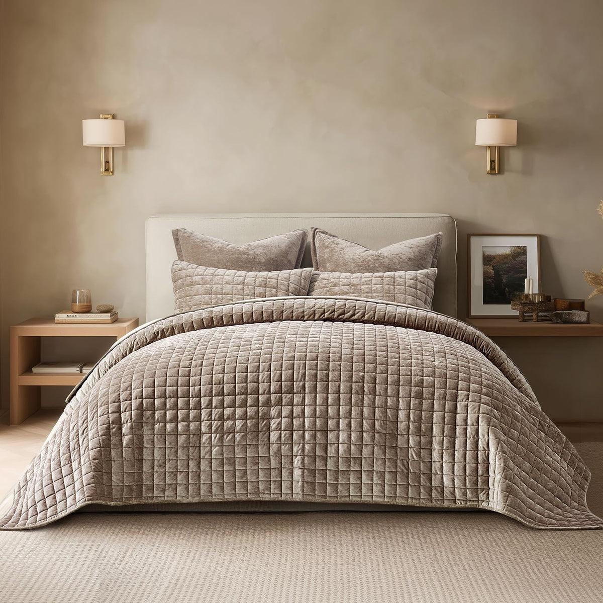 RECYCO king quilt front view showing Natural Tan and elegant finish