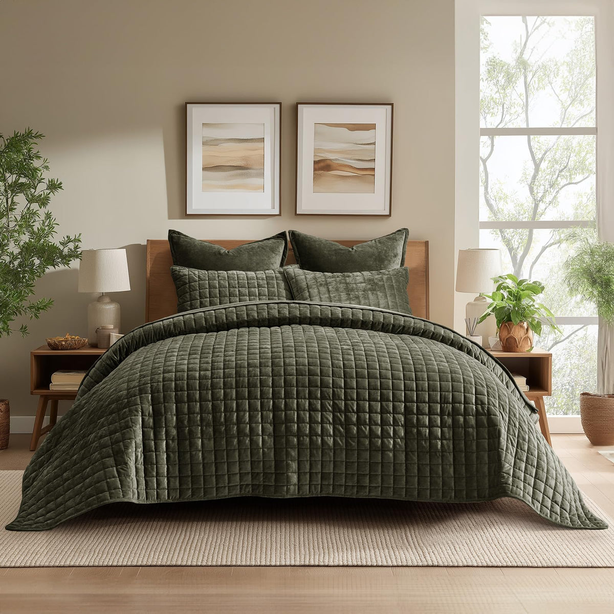 RECYCO olive green quilt front view showing clean channel pattern and elegant sheen
