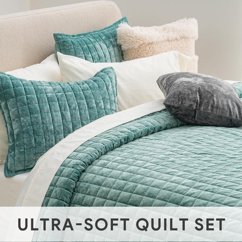 RECYCO quilt styled on a bed showcasing calming color and room upgrade