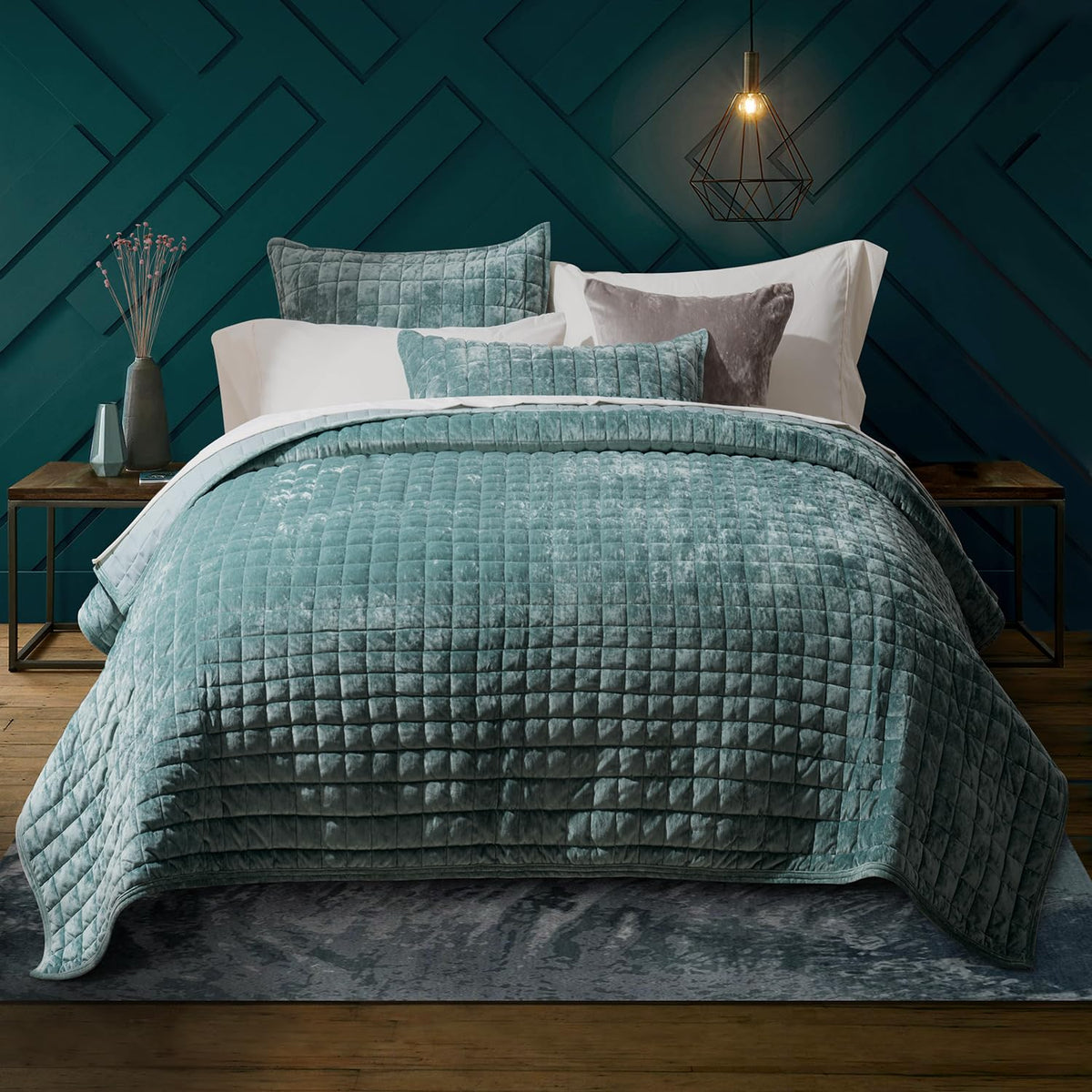 RECYCO front view of aqua green quilt showing plush sheen and cozy appeal