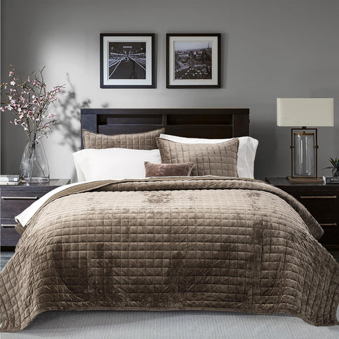 RECYCO quilt front view showing mocha brown velvet and elegant sheen