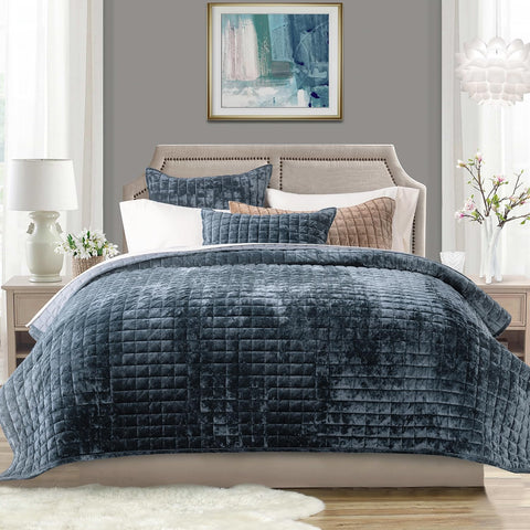 RECYCO front view of stormy-blue quilt adds instant bedroom elegance
