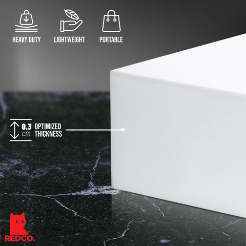 Red Co acrylic risers used for cosmetics showcasing organized merchandising
