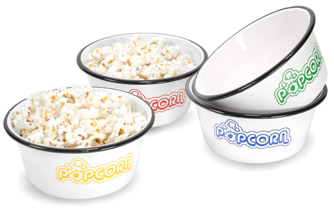 Red Co. front view of four enamel popcorn bowls showing colorful prints and black rims for lively serving