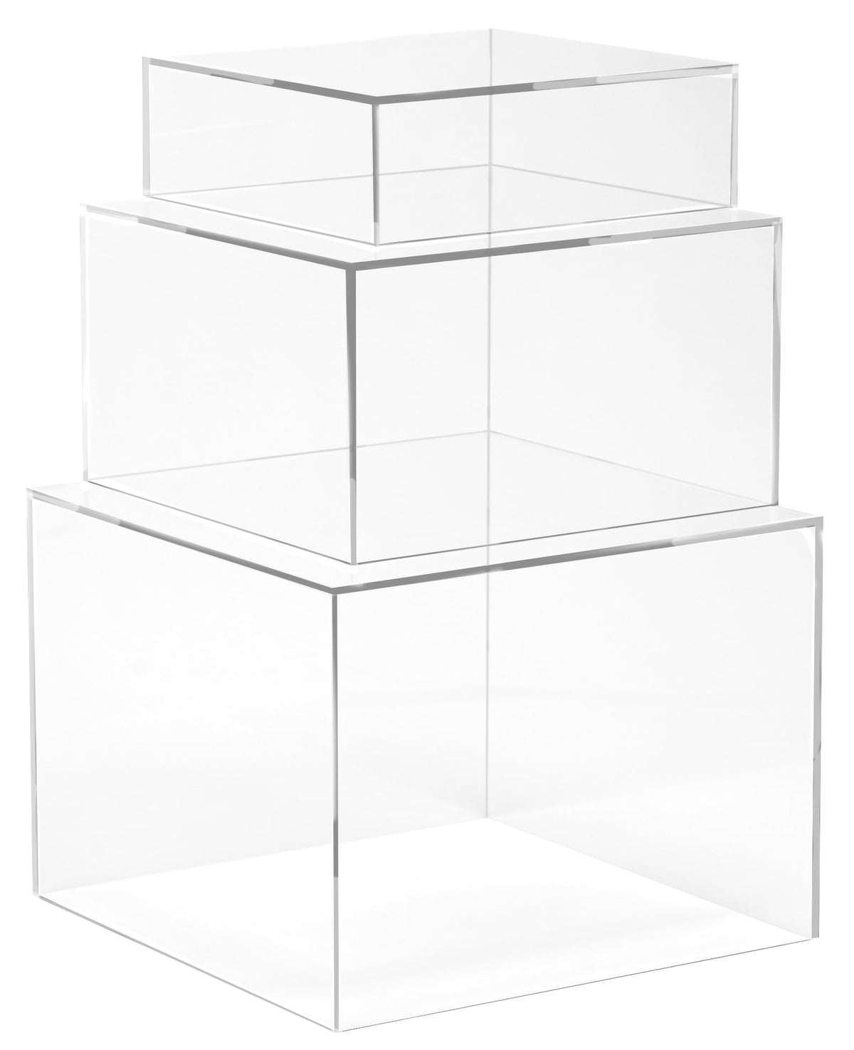 Red Co. front view of three clear acrylic cube risers, improves product visibility