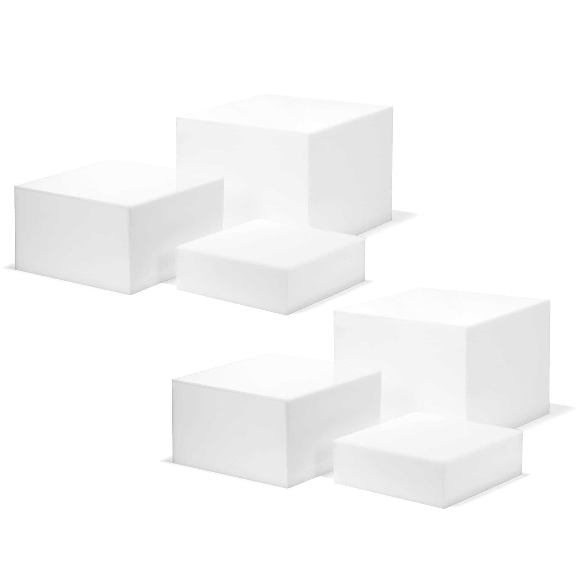 Red Co front view of three glossy white acrylic cubes showing clean display benefit
