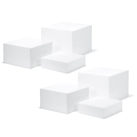 Red Co front view of three glossy white acrylic cubes showing clean display benefit