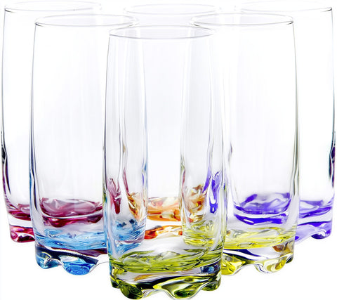 Red Co. front view showing six Vibrant Splash glasses and colored bases, attractive set