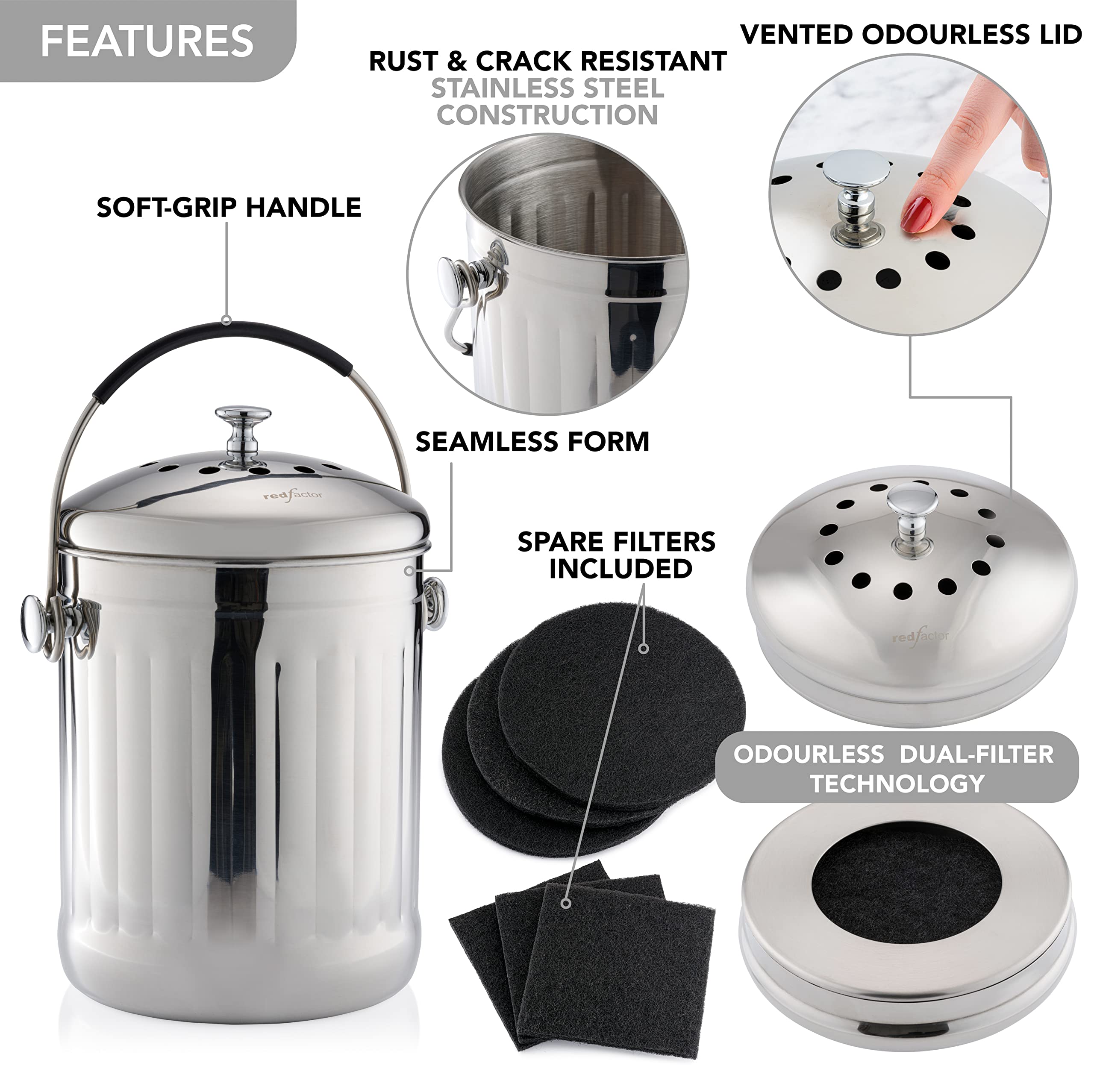 RED FACTOR next to fruit showing 1.3 gallon scale and compact footprint
