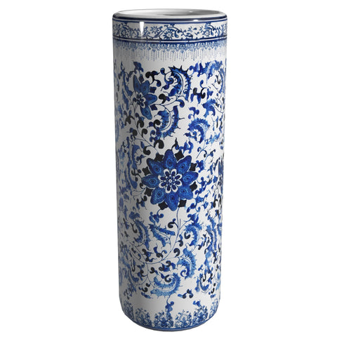 Red Lantern front view of porcelain umbrella stand showing elegant blue floral design and storage benefit