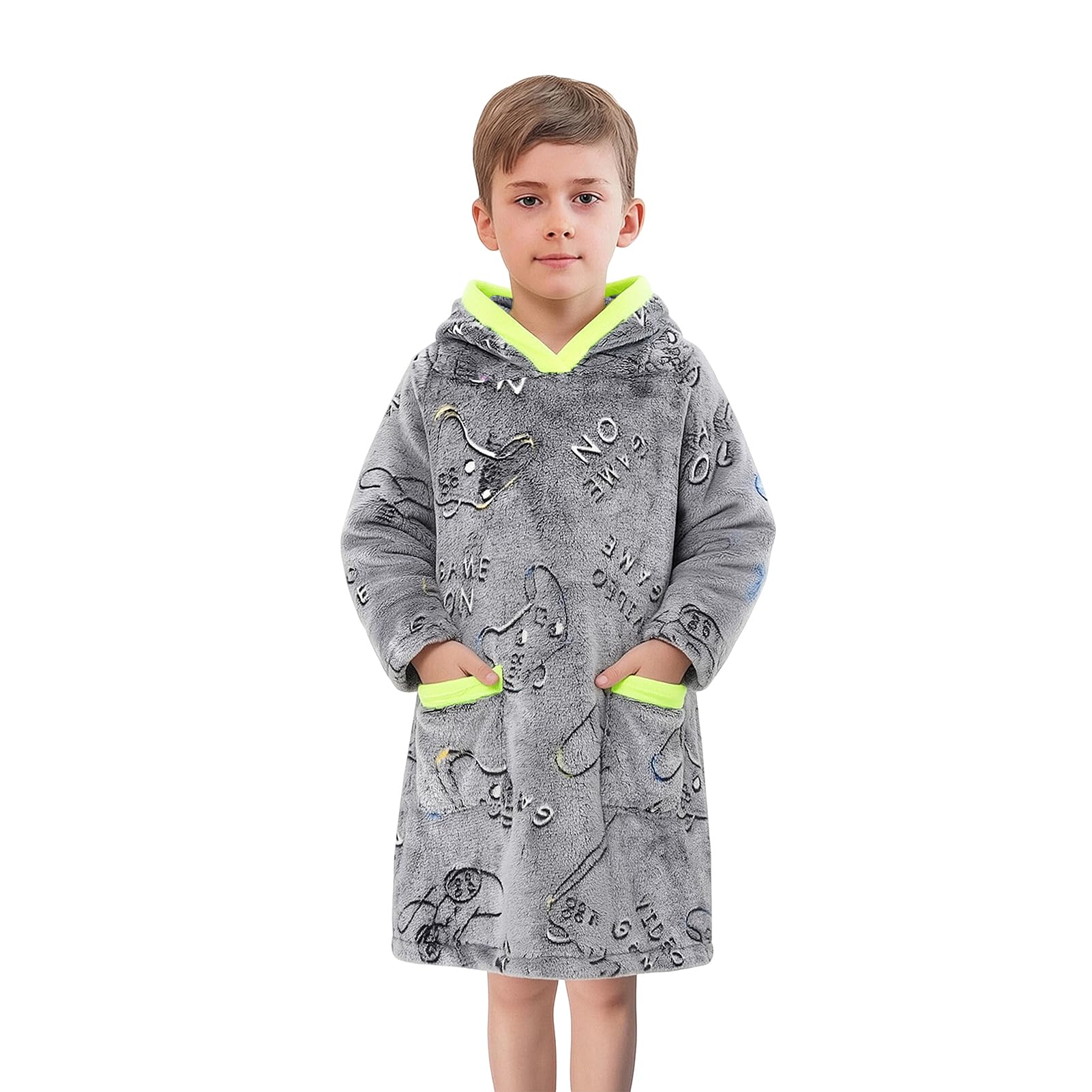 Redair kid wearing hoodie blanket in living room for relaxed gaming comfort