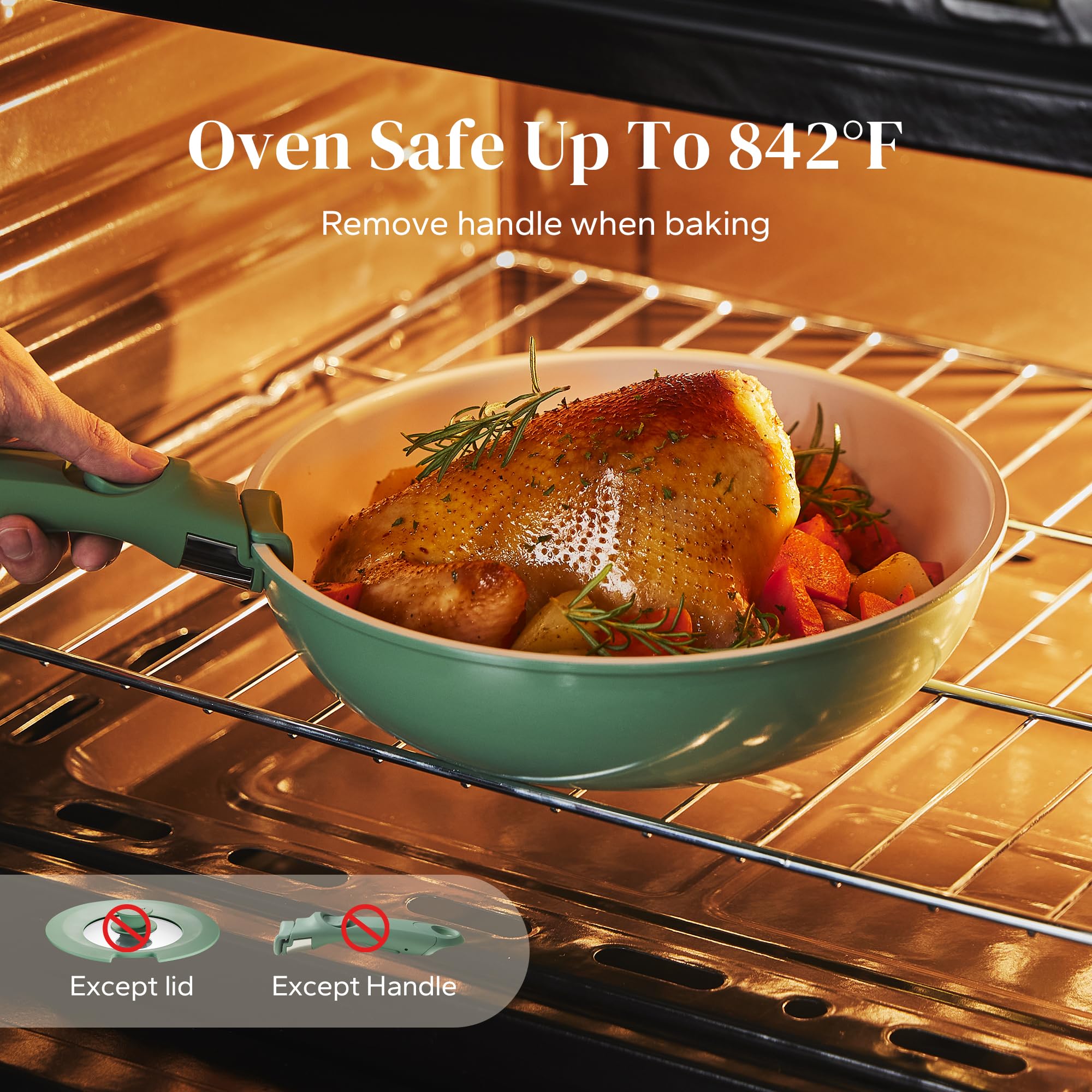Redchef pan with detachable handle attached demonstrating quick-release convenience for cooking
