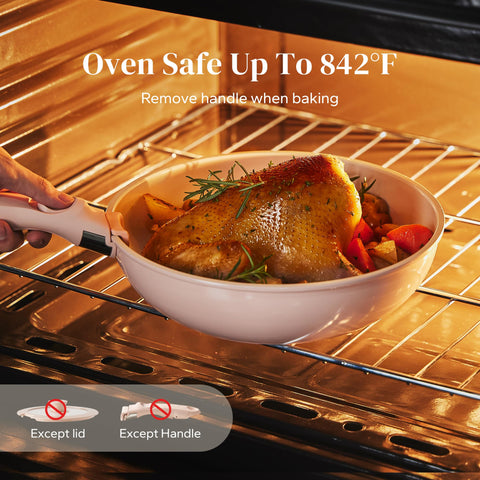 Redchef detachable handle attached to pan demonstrating quick-connect convenience
