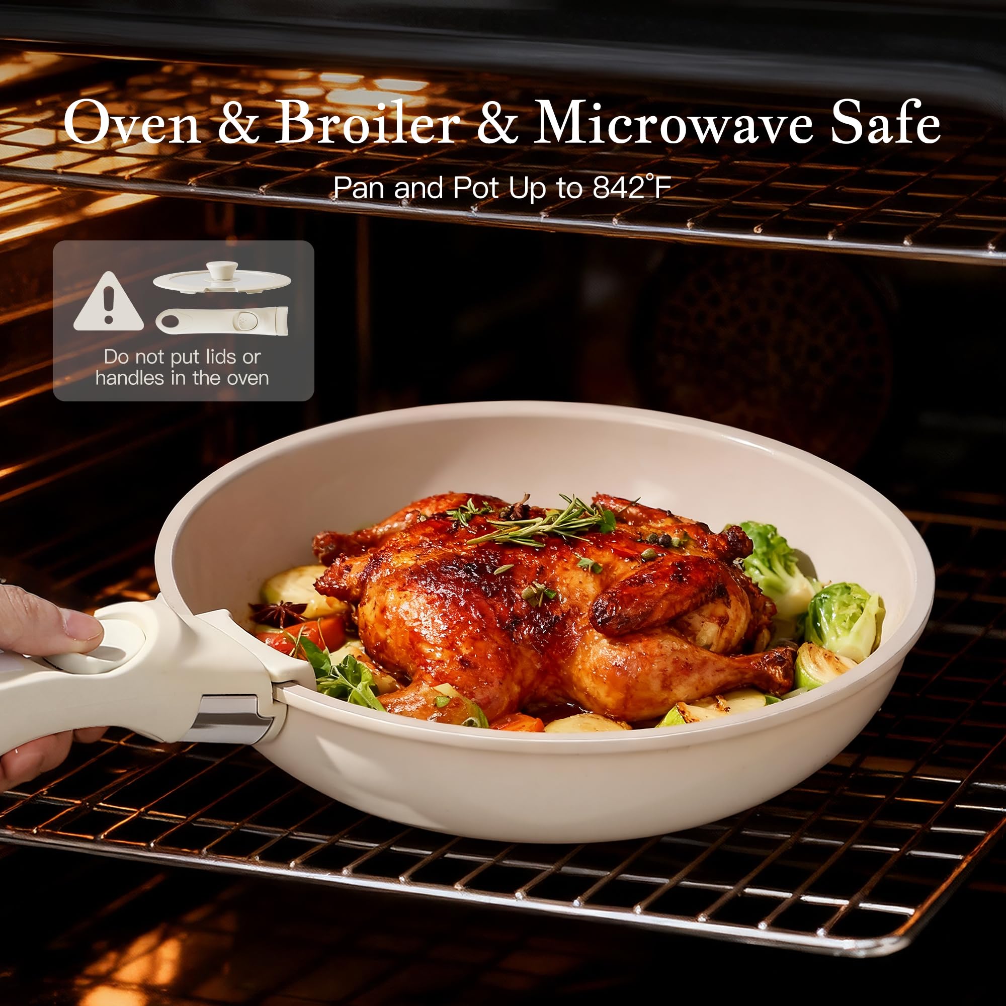 Redchef detachable handle attached to pan demonstrating secure grip for stovetop-to-table use