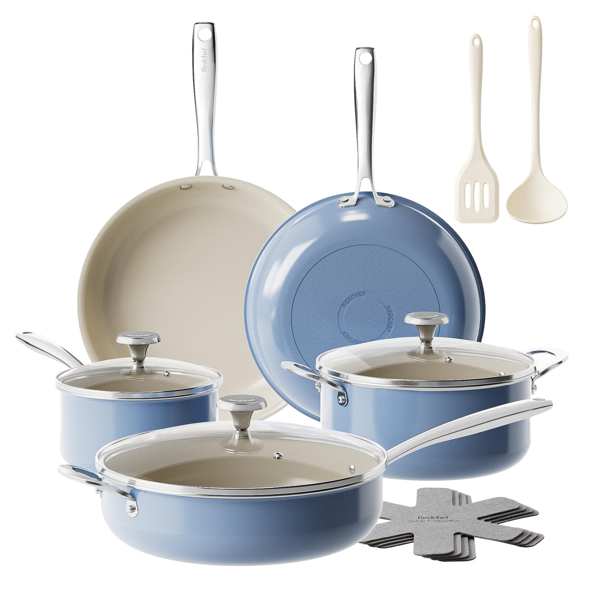Redchef front packaging showing full 14-piece blue set and benefits