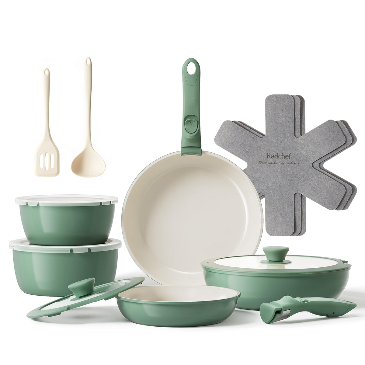 Redchef front view of full green cookware set showing complete contents and compact design