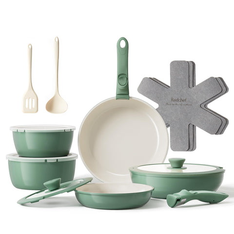 Redchef front view of full green cookware set showing complete contents and compact design