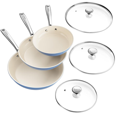 Redchef front view of three pans with lids showing complete set and convenience
