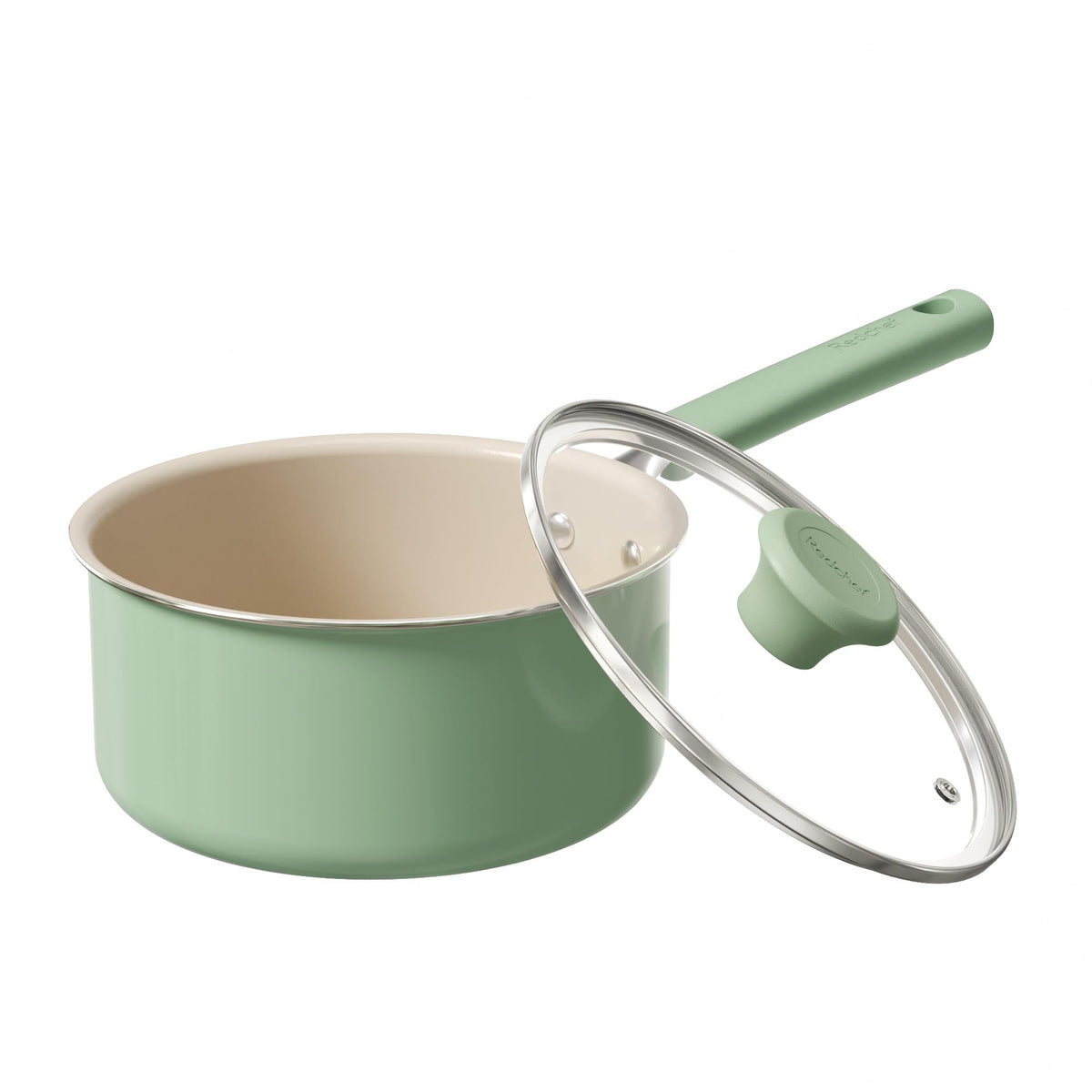 Redchef green saucepan front view showing compact size and easy pouring