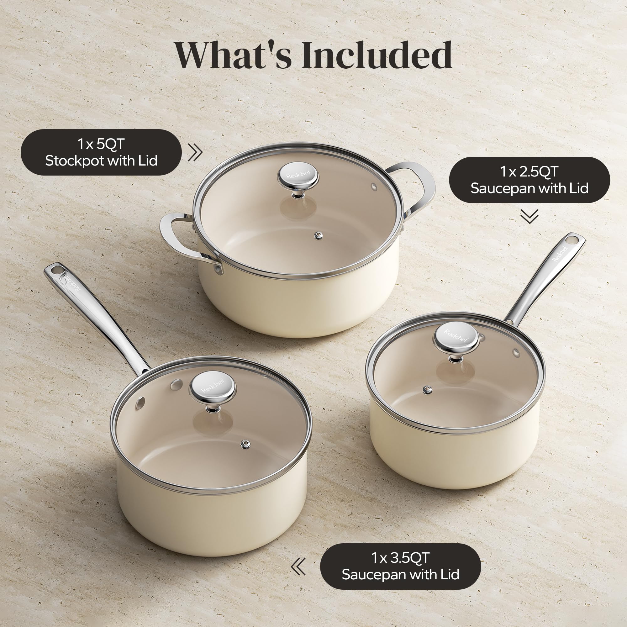 Redchef cookware packaging with lids visible, indicating complete 6-piece set contents