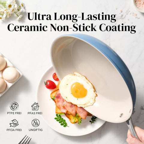 Redchef pan in use frying eggs demonstrating quick release and easy flipping