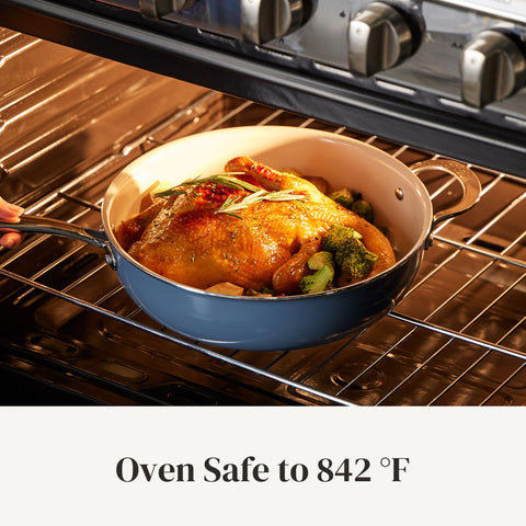 Redchef saucepan with included silicone utensils showing safe use