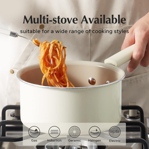 Redchef pot beside measuring cup illustrating 2.5QT capacity and kitchen scale reference