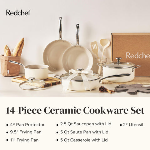 Redchef pots and pans next to ruler showing size and capacity