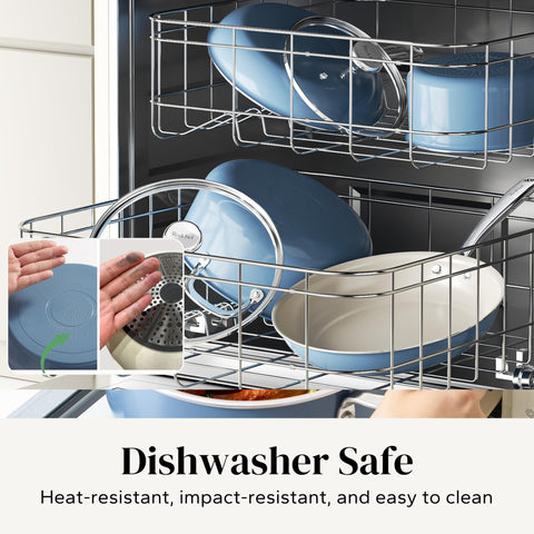 Redchef stacked pans with pot protectors showing scratch prevention