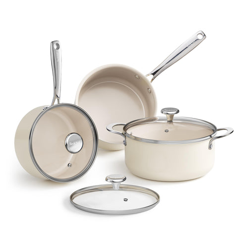 Redchef 5qt stockpot front view showing capacity and beige finish, highlighting easy cooking