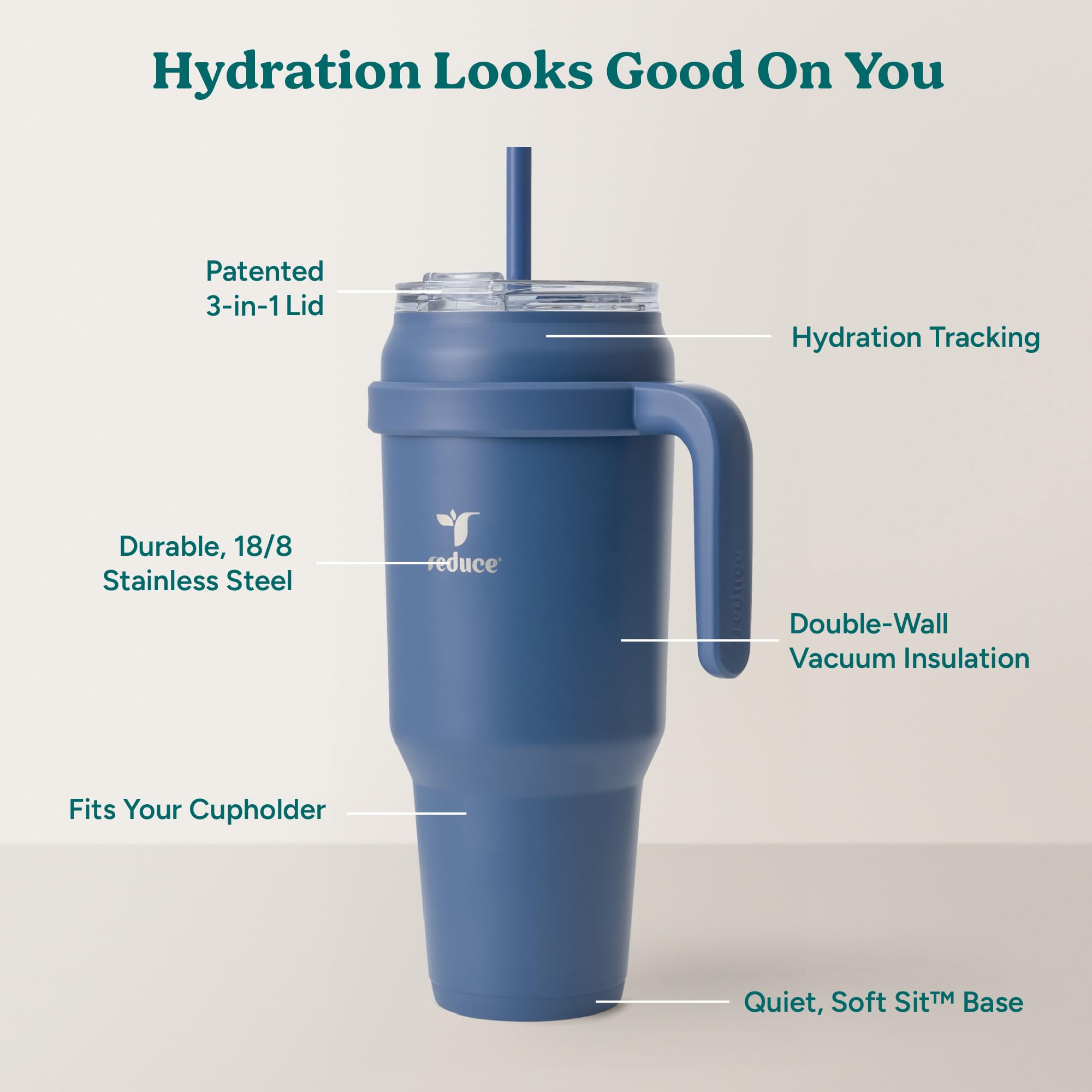 REDUCE 3-way lid and reusable straw detail for versatile spill-reducing sipping
