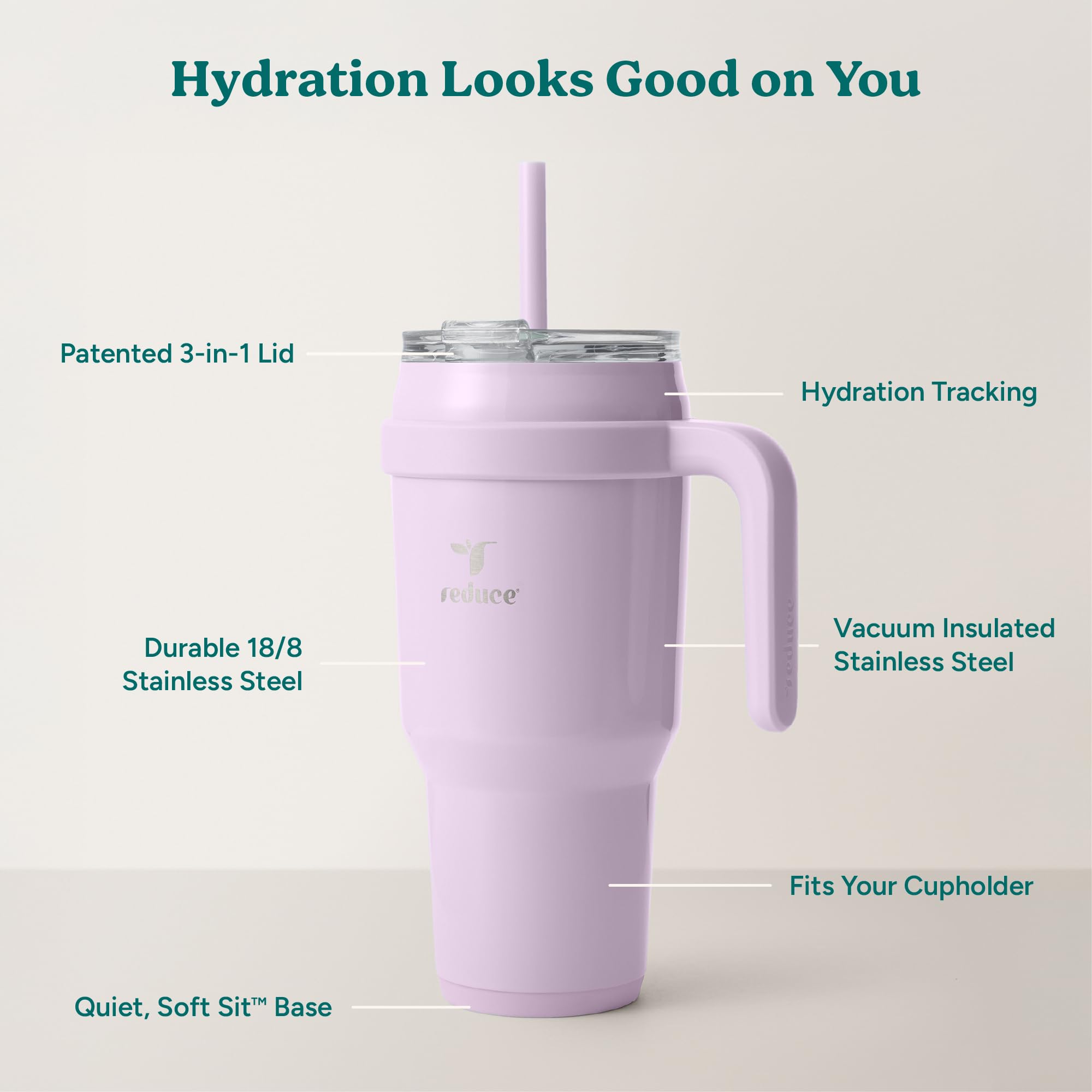 REDUCE reusable straw inserted in lid for easy sipping and reduced waste
