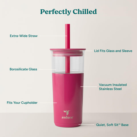 REDUCE Aspen lid and extra-wide straw detail, enables easy boba and smoothie sipping
