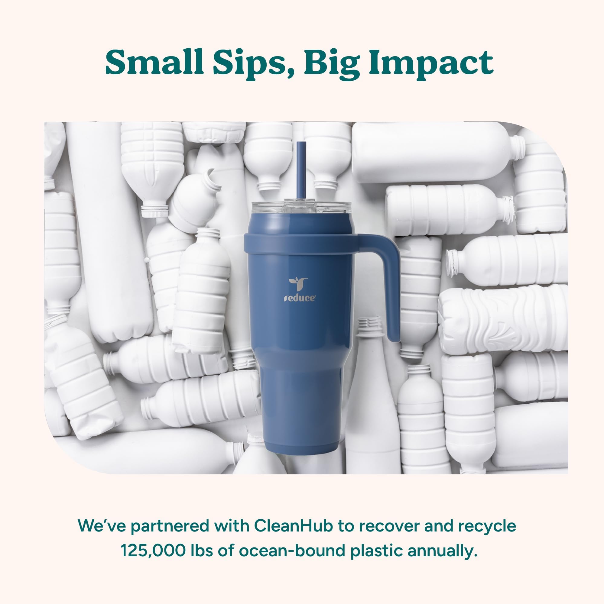 REDUCE tumbler on desk and in car illustrating daily use, travel convenience, and capacity